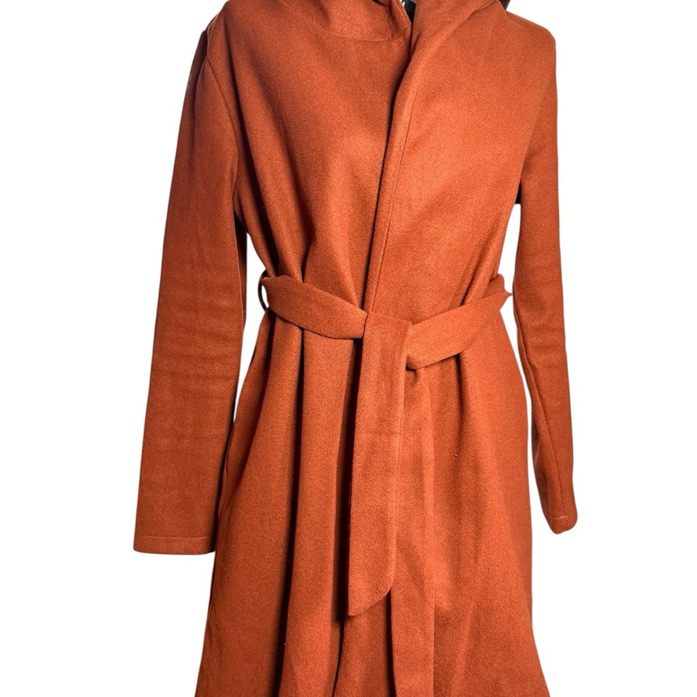 Rust Belted Wrap Coat Hooded Lightweight Trench Style Women’s Size M